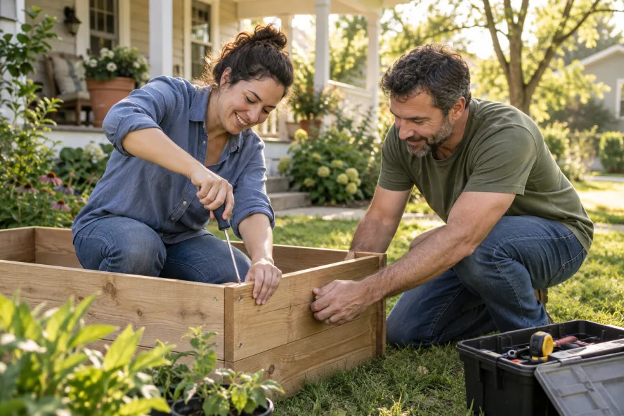Illustration of neighbors sharing practical help outdoors