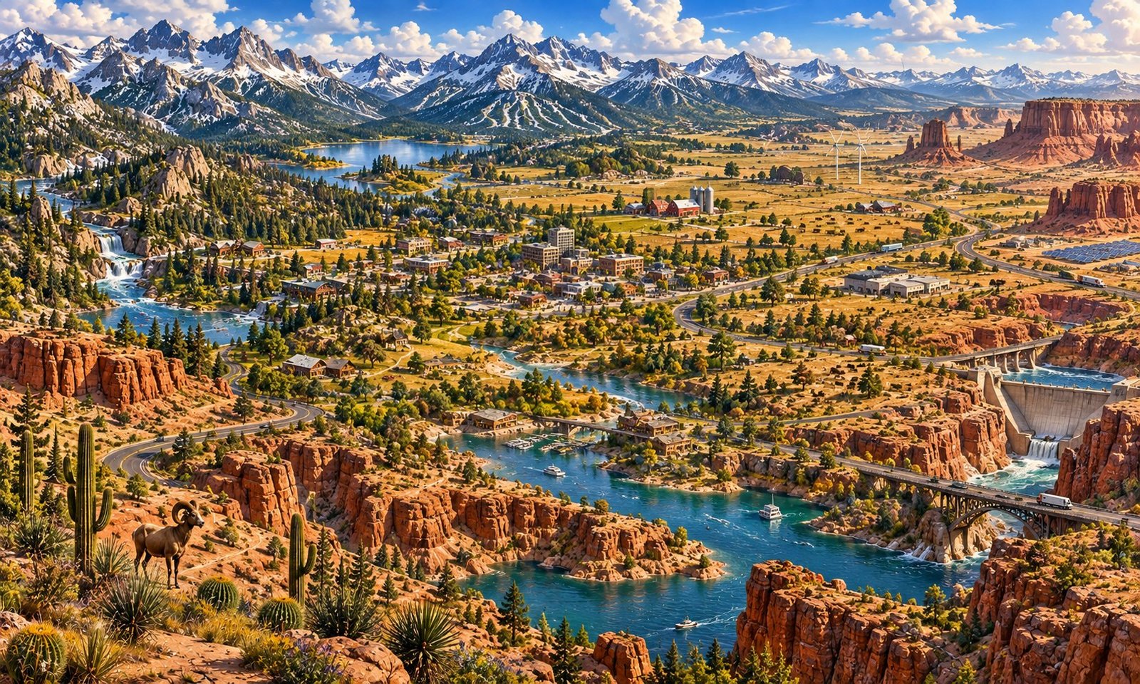 Conceptual landscape of Mountain West and Southwest, with landmarks for discovery.