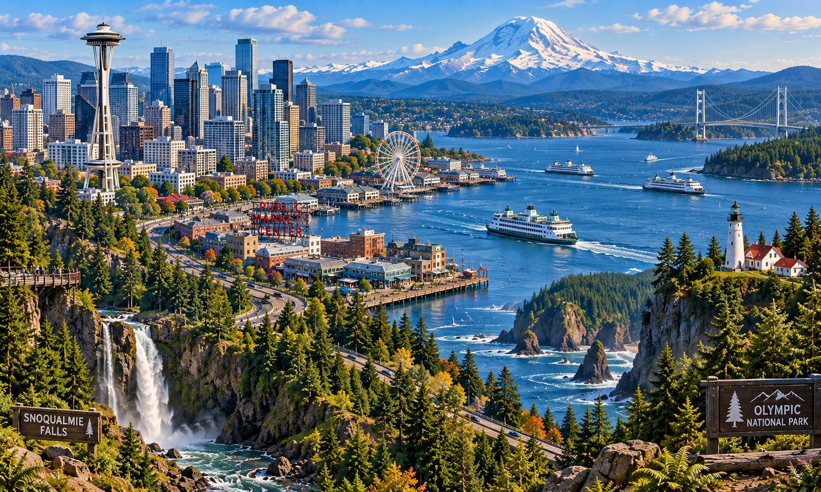 Conceptual landscape of Pacific Northwest, with landmarks for discovery.