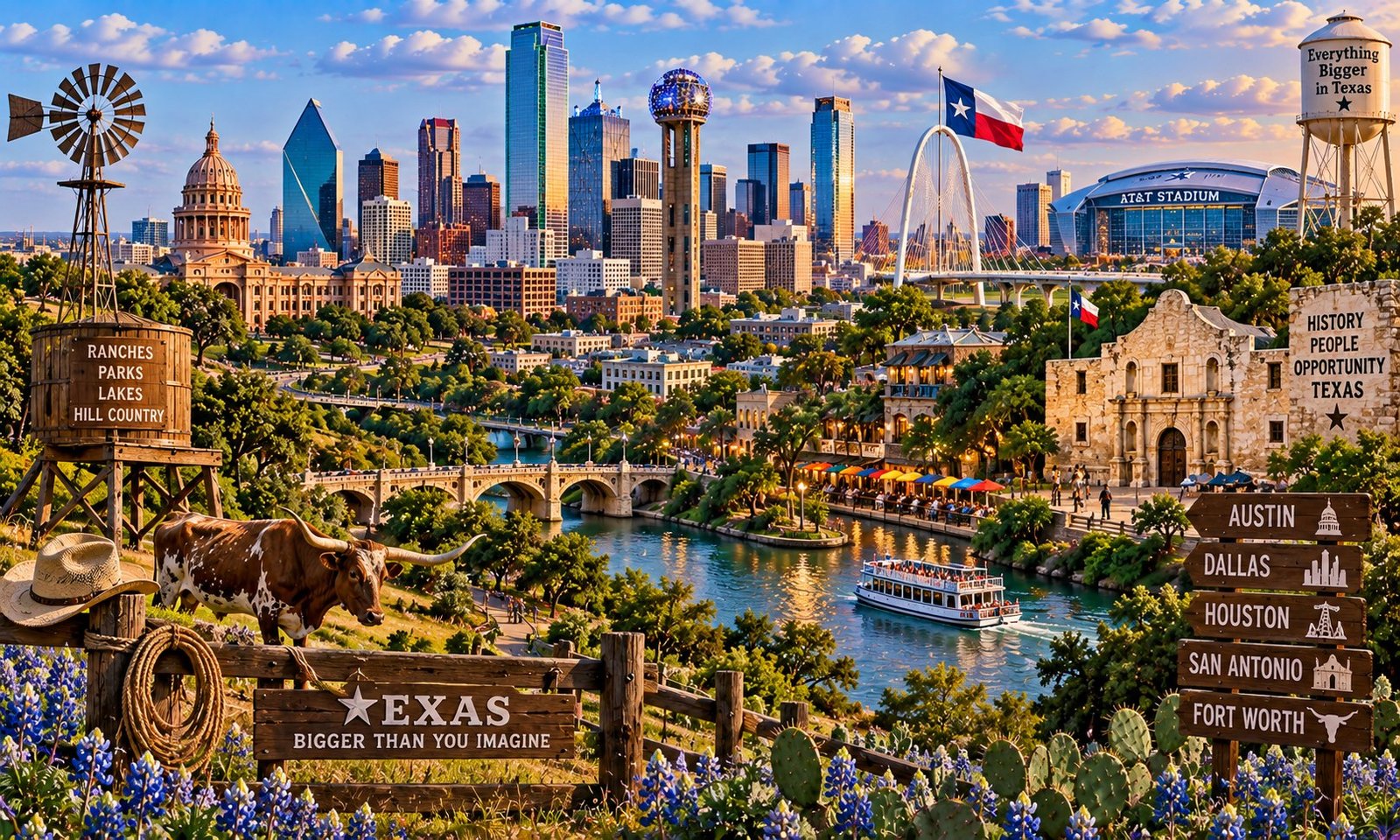 Conceptual landscape of Texas, with landmarks for discovery.