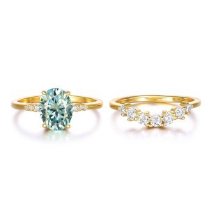 S925 Silver Gold Plated 2ct Oval Moissanite Bridal Ring Set 9x7mm D Color VVS1 Curved Pave Band US 6-9 GRA Certified Gift Box