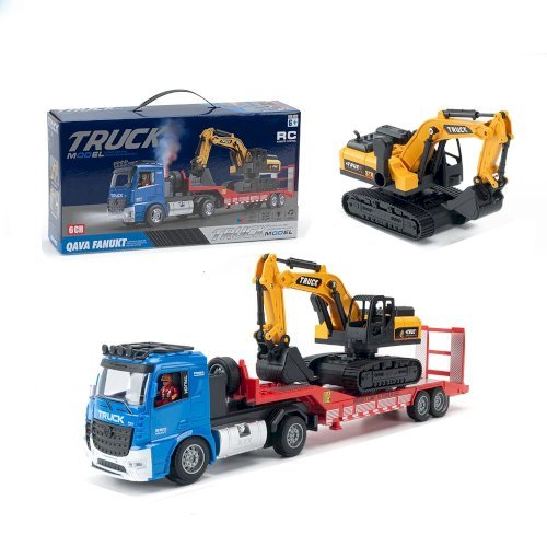 Flat Trailer Truck With Excavator Vehicles Toys, 1 50 Scale Diecast Site Trailer Truck, Toy Trucks For Kids, Gift For Him
