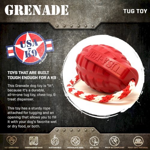 USA-K9 Grenade Shaped Durable Rubber Chew Toy, Treat Dispenser, Reward Toy